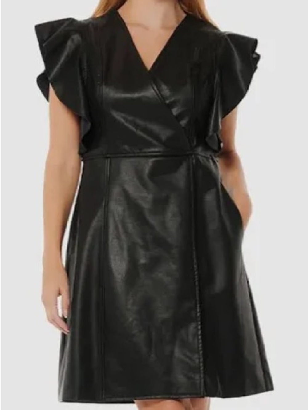 Black Faux Leather Flutter Sleeve Wrap Dress